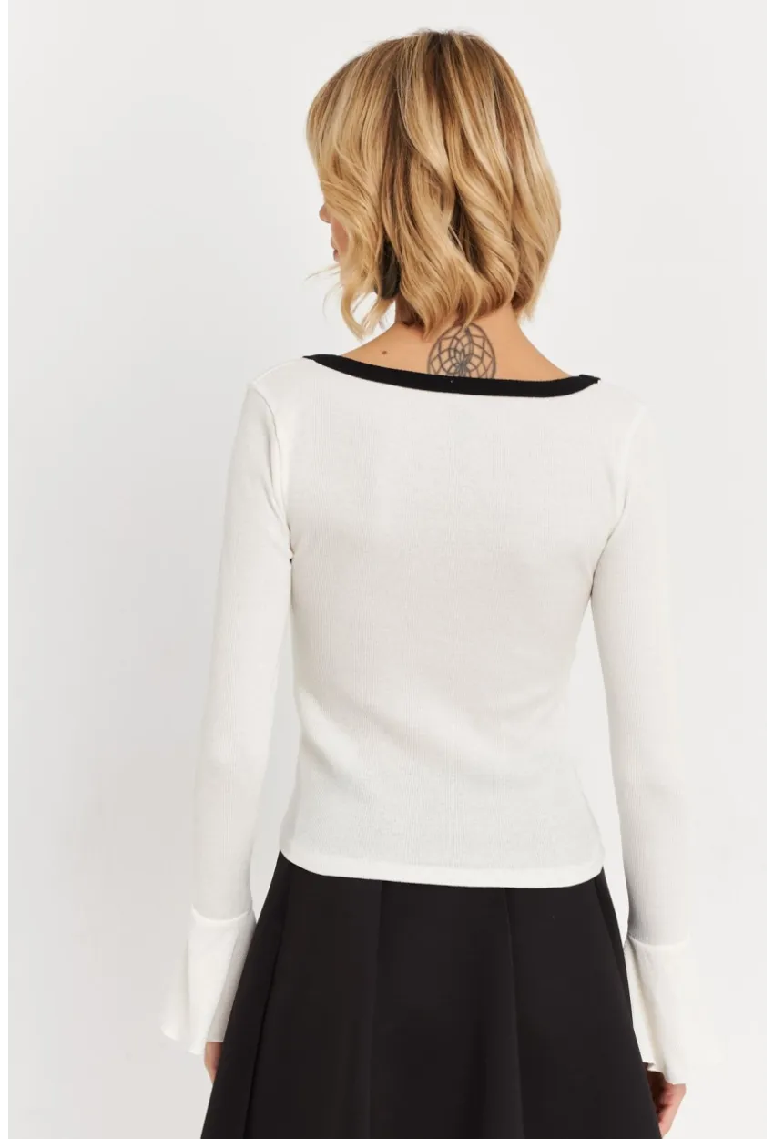 Kadın Ekru Kontrast Yaka İspanyol Kol Bluz ALB3105