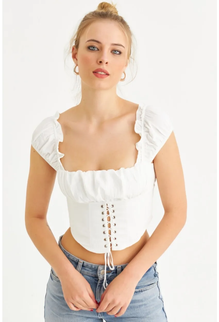 Kadın Ekru Kuş Gözlü Crop Bluz YEL221128