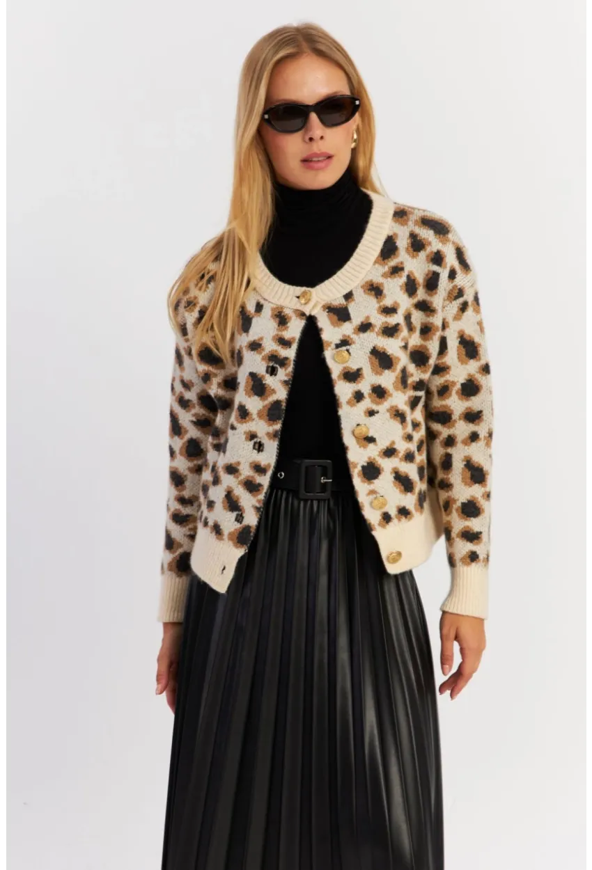 Kadın Ekru Leopar Hırka MYV285