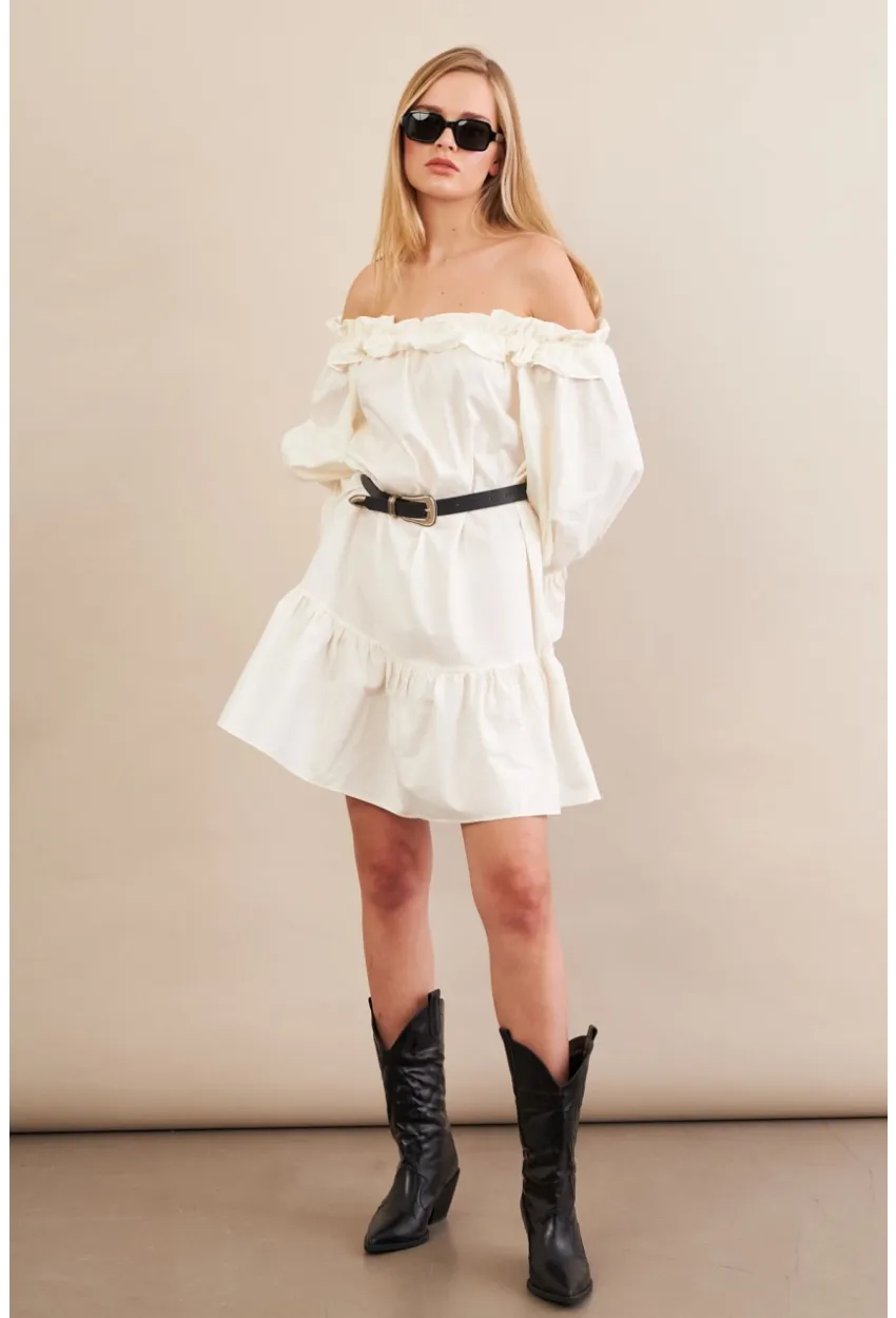 Kadın Ekru Madonna Yaka Midi Elbise PSG1012