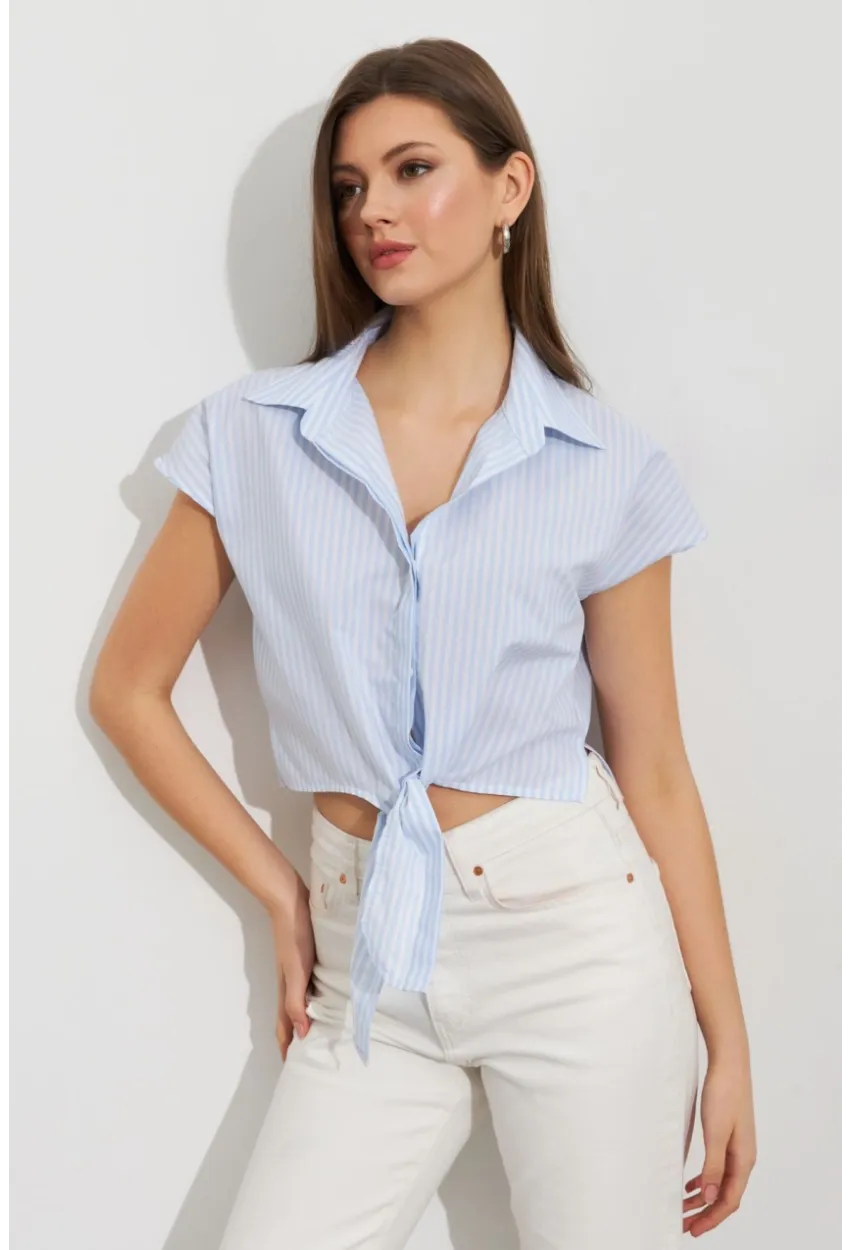 Kadın Ekru-Mavi Çizgili Bağlamalı Crop Gömlek MPC306