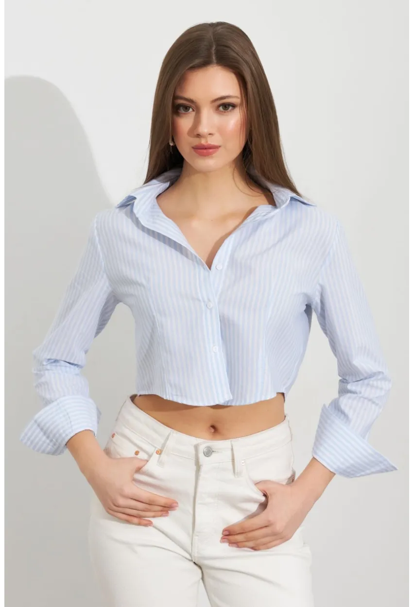 Kadın Ekru-Mavi Çizgili Crop Gömlek MPC305