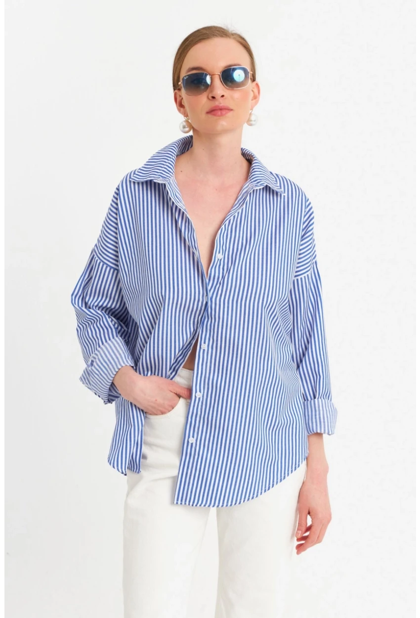 Kadın Ekru-Mavi Çizgili Gömlek ZER425
