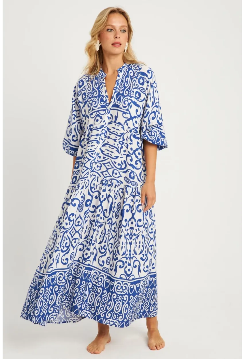 Kadın Ekru-Mavi Desenli Midi Elbise MGÇ169