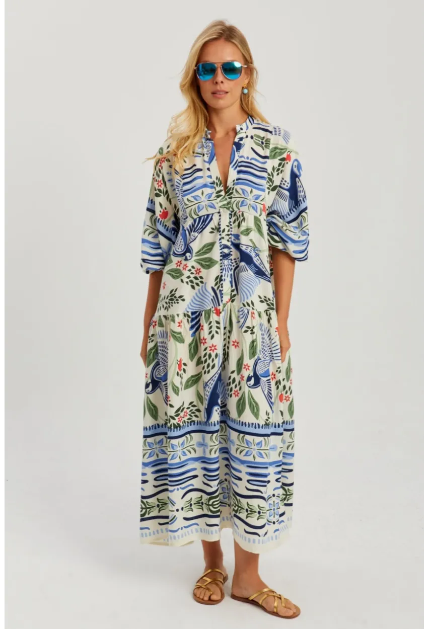 Kadın Ekru-Mavi Desenli Salaş Maxi Elbise GÇ166