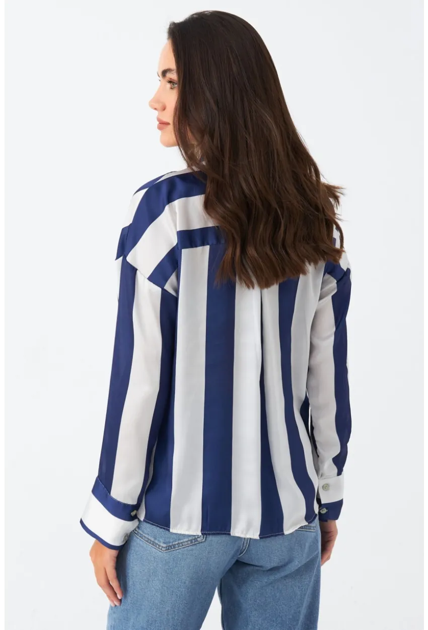 Kadın Ekru-Mavi Desenli Saten Gömlek MSHR500