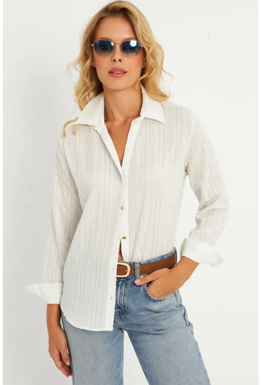 Kadın Ekru-Mavi Gömlek KED714