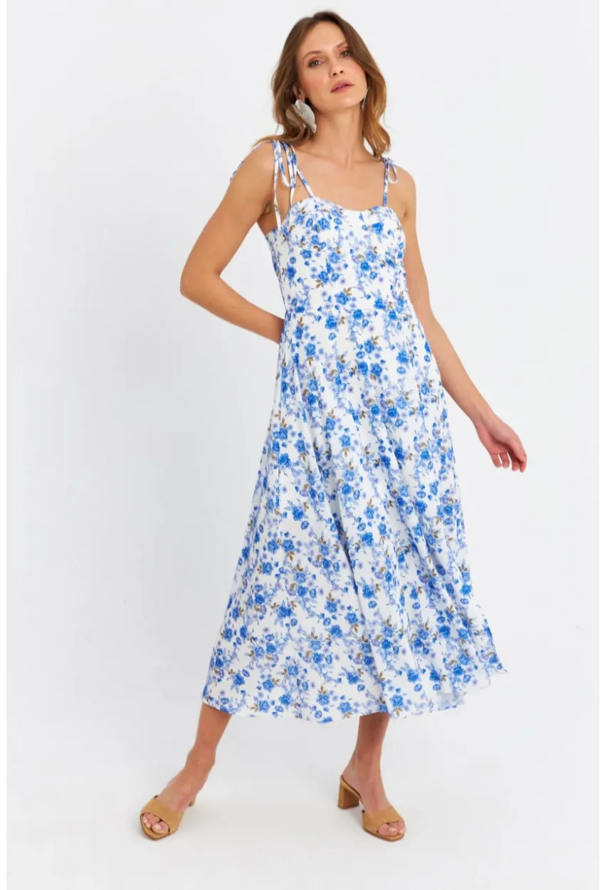 Kadın Ekru-Mavi İp Askılı Çiçekli Midi Elbise ERL10013