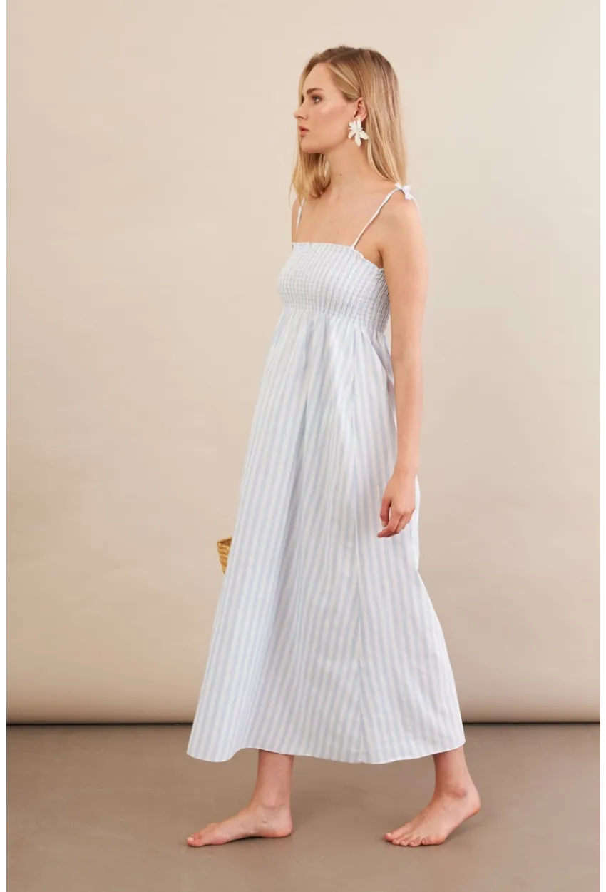 Kadın Ekru-Mavi Straplez çizgili Plaj Elbisesi OR502
