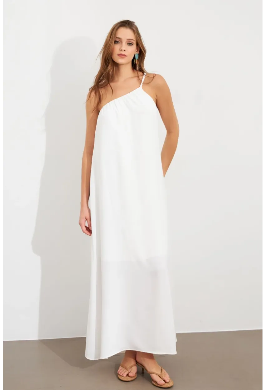 Kadın Ekru Tek Omuz Maxi Elbise İRE1012