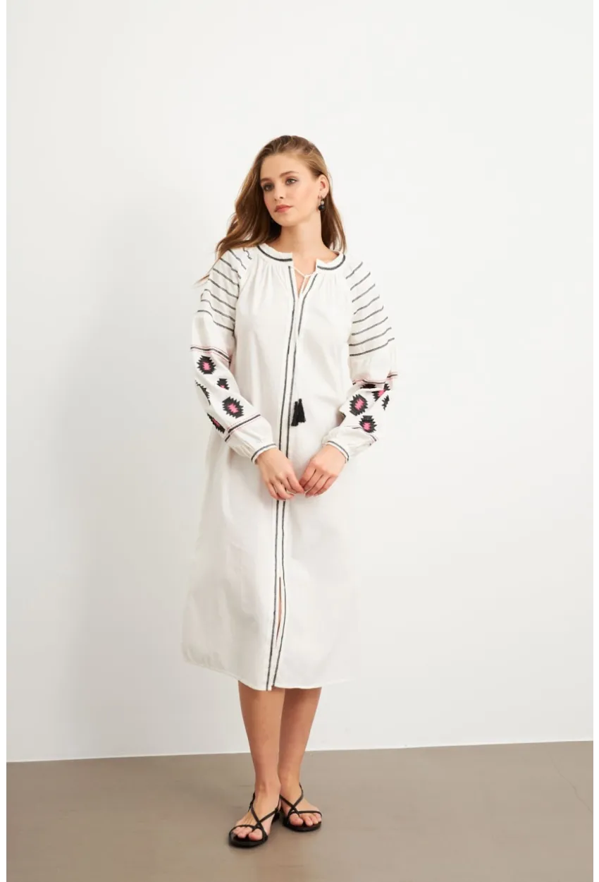 Kadın Ekru Nakışlı Balon Kol Keten Midi Elbise MQS5689-1