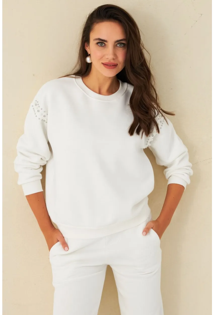 Kadın Ekru Omuzları İnci Detaylı Sweatshirt DY1424