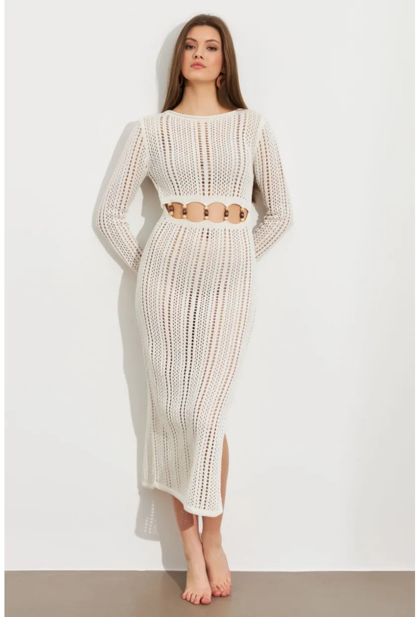 Kadın Ekru Önü Pencereli Ajurlu Plaj Elbisesi KZ545