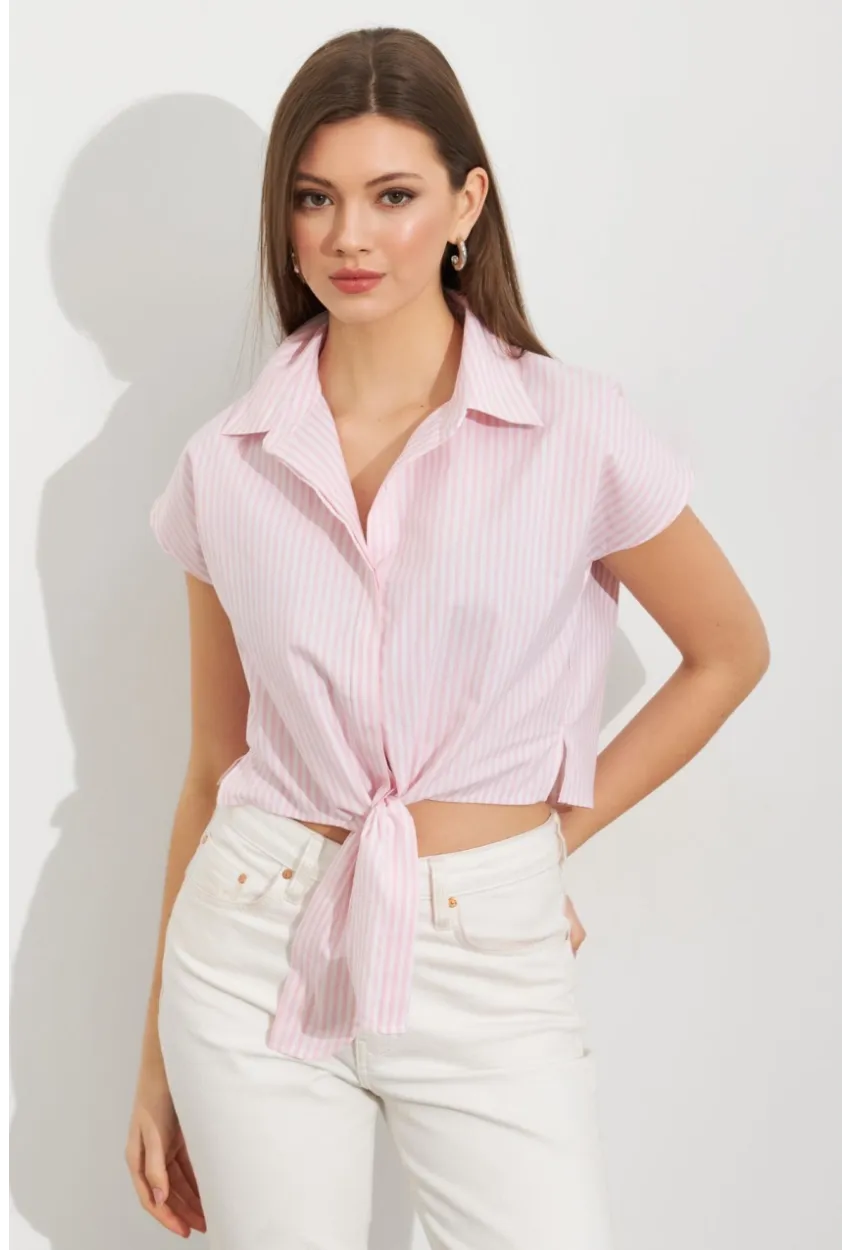 Kadın Ekru-Pembe Çizgili Bağlamalı Crop Gömlek MPC306