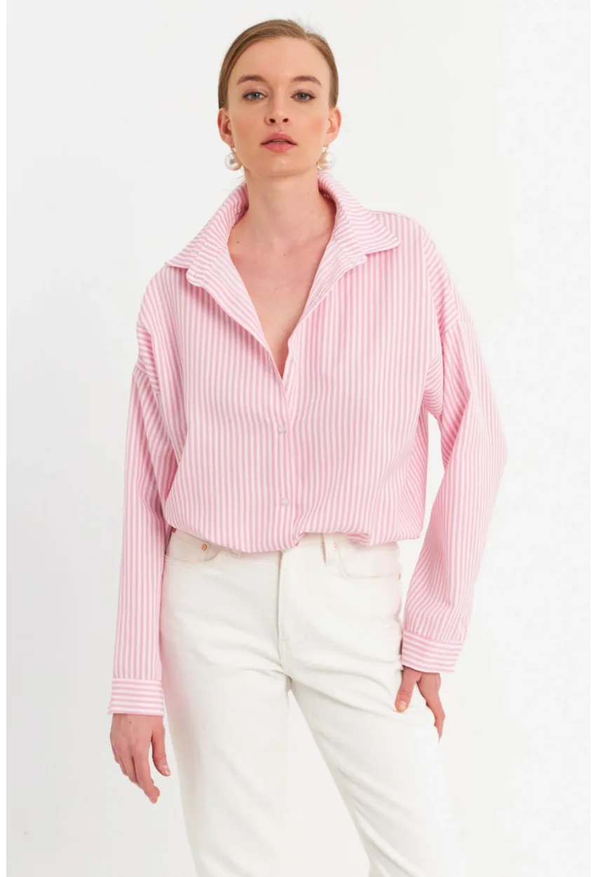 Kadın Ekru-Pembe Çizgili Gömlek ZER425