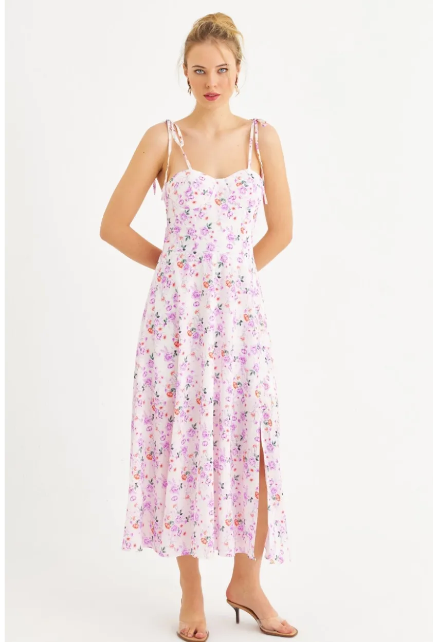 Kadın Ekru-Pembe İp Askılı Çiçekli Midi Elbise ERL10013