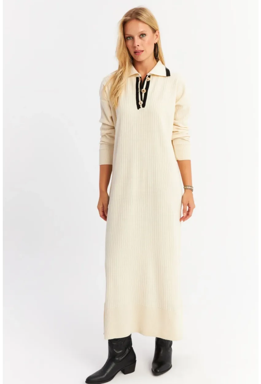Kadın Ekru Polo Yaka Triko Maxi Elbise MNUV17