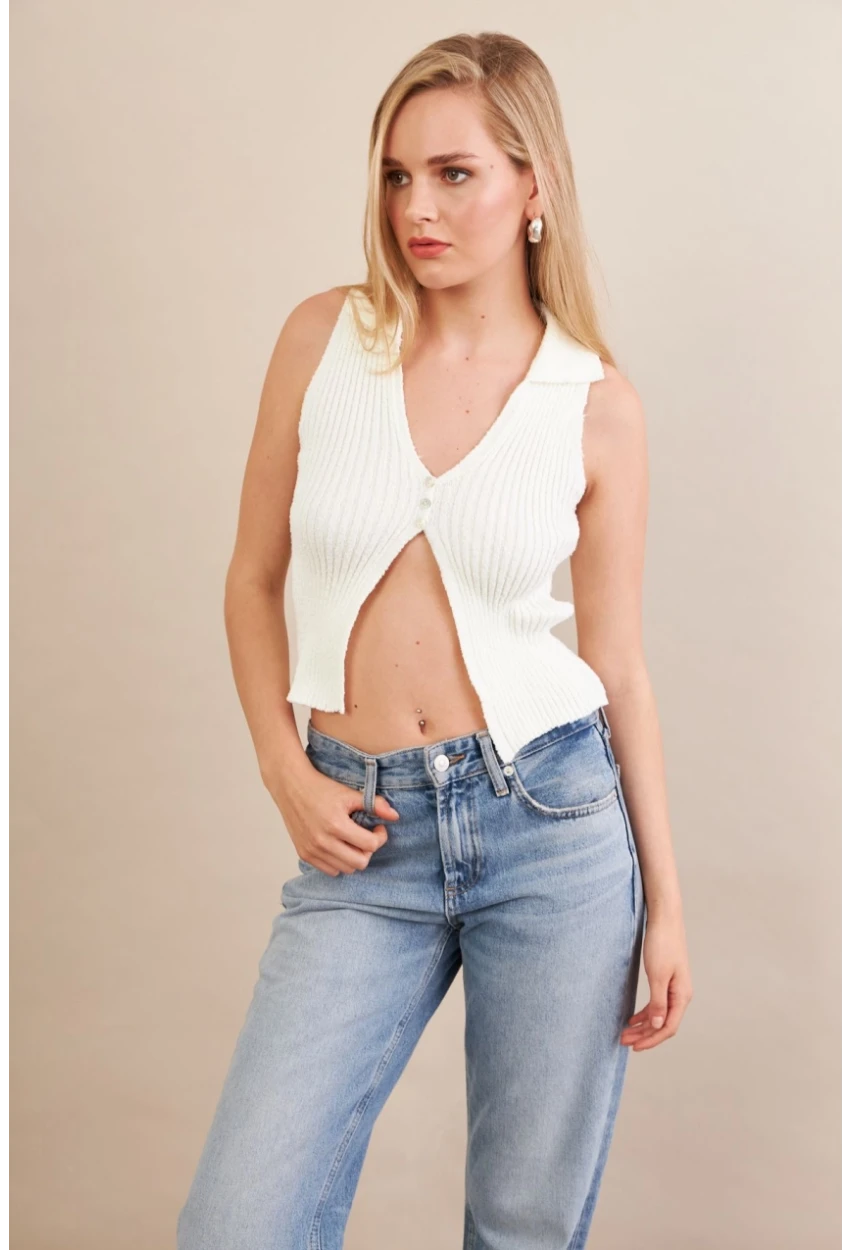 Kadın Ekru Polo Yaka Yumoş Yelek ZH050