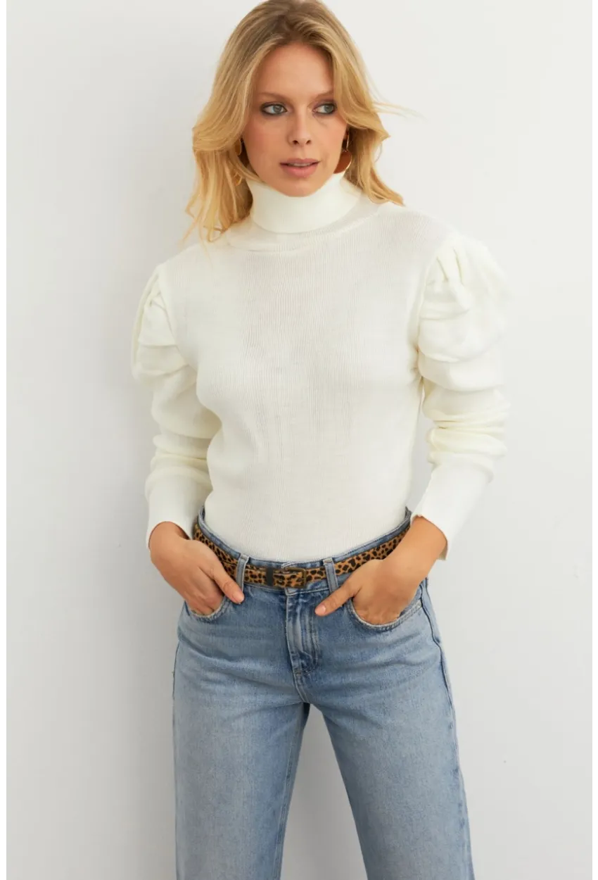 Kadın Ekru Prenses Kol Balıkçı Yaka Triko Bluz MSF2555