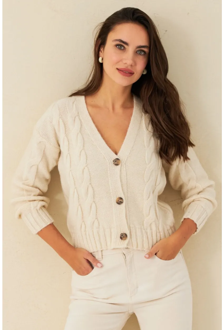 Kadın Ekru Saç Örgülü Hırka YV295