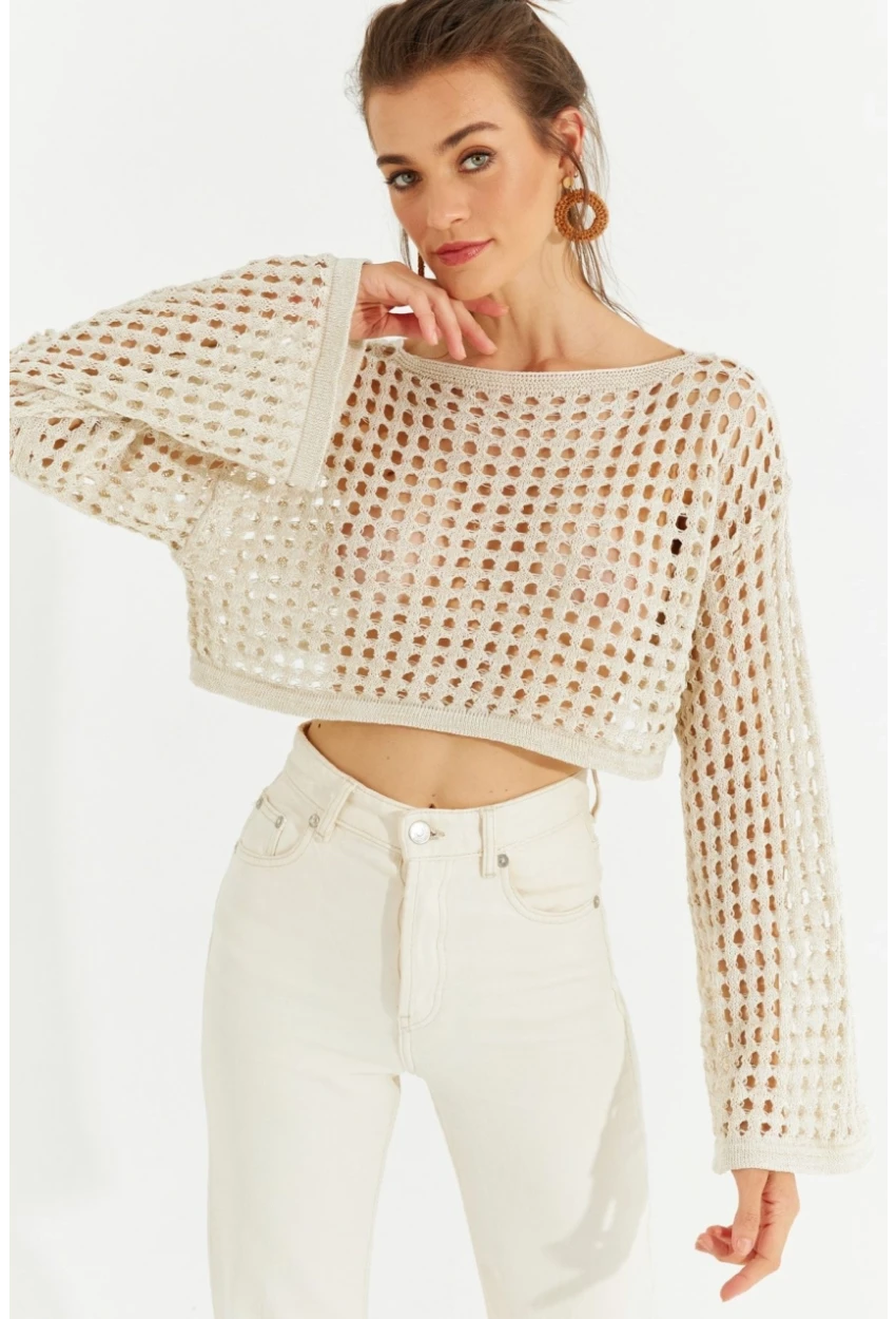 Kadın Ekru Simli Ajurlu Triko Kısa Bluz YV141