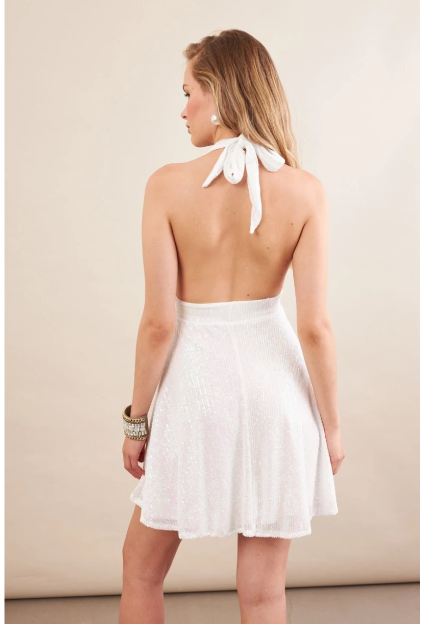 Kadın Ekru Sırtı Açık Payetli Astarlı Mini Elbise DCF046