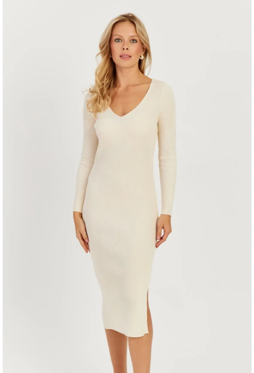 Kadın Ekru Sırtı Çapraz Triko Midi Elbise YZ407