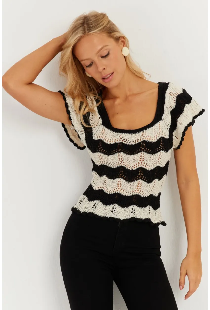 Kadın Ekru-Siyah Ajurlu Triko Bluz YZ624