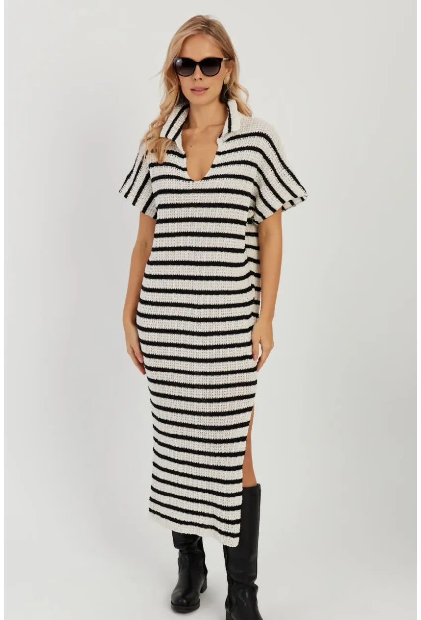 Kadın Ekru-Siyah Ajurlu Triko Midi Elbise YZ622