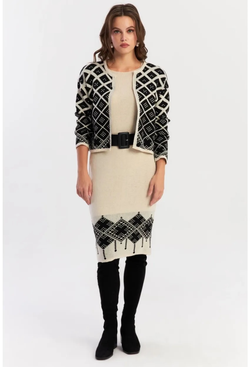 Kadın Ekru-Siyah Alt Üst Triko Desenli Takım NUV2028