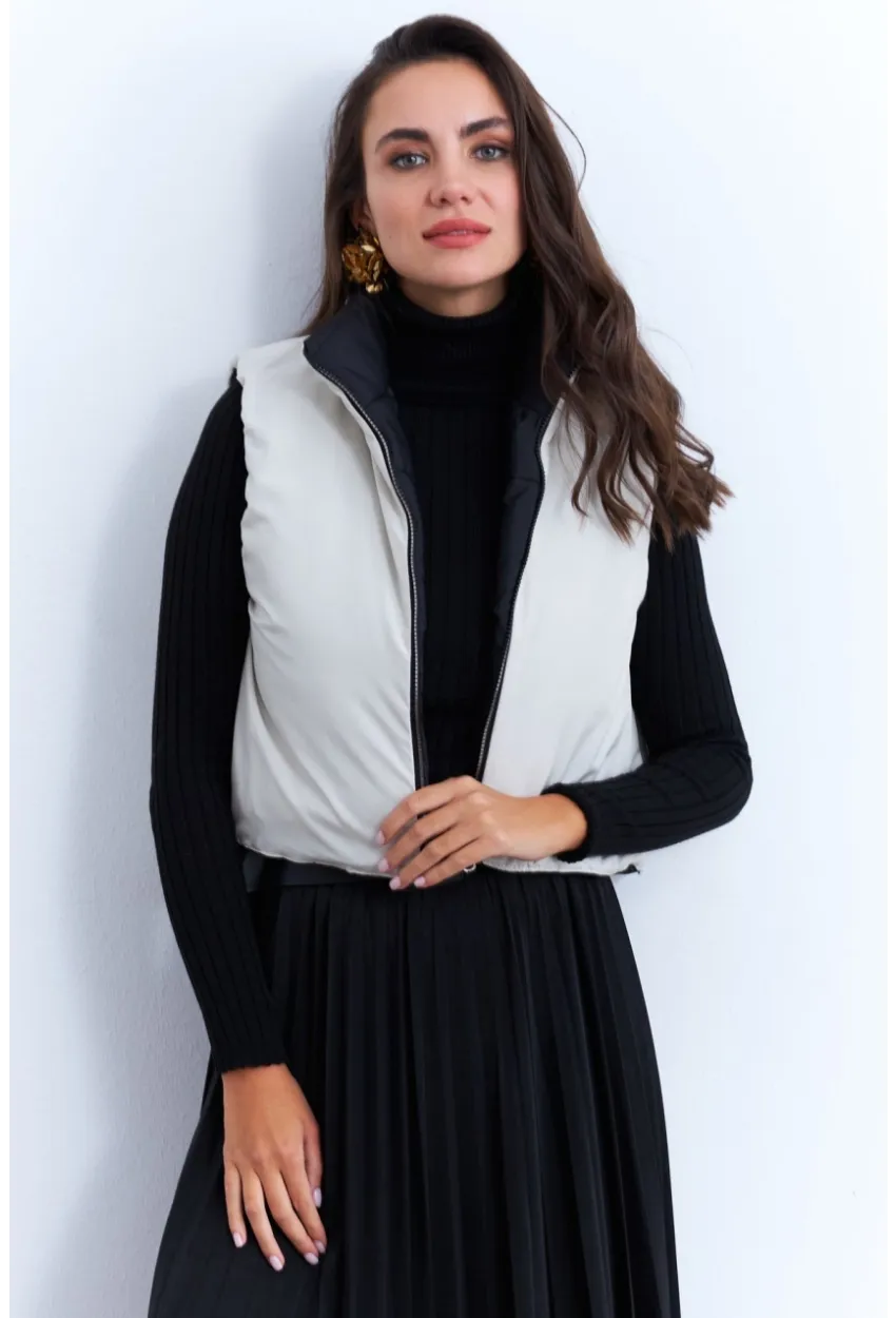 Kadın Ekru-Siyah Çift Taraflı Şişme Kısa Yelek MX12