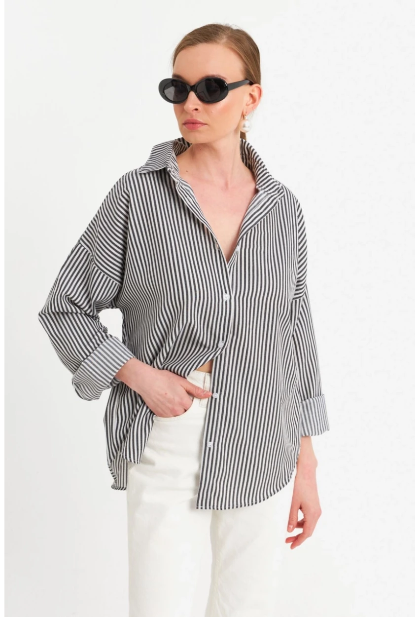 Kadın Ekru-Siyah Çizgili Gömlek ZER425