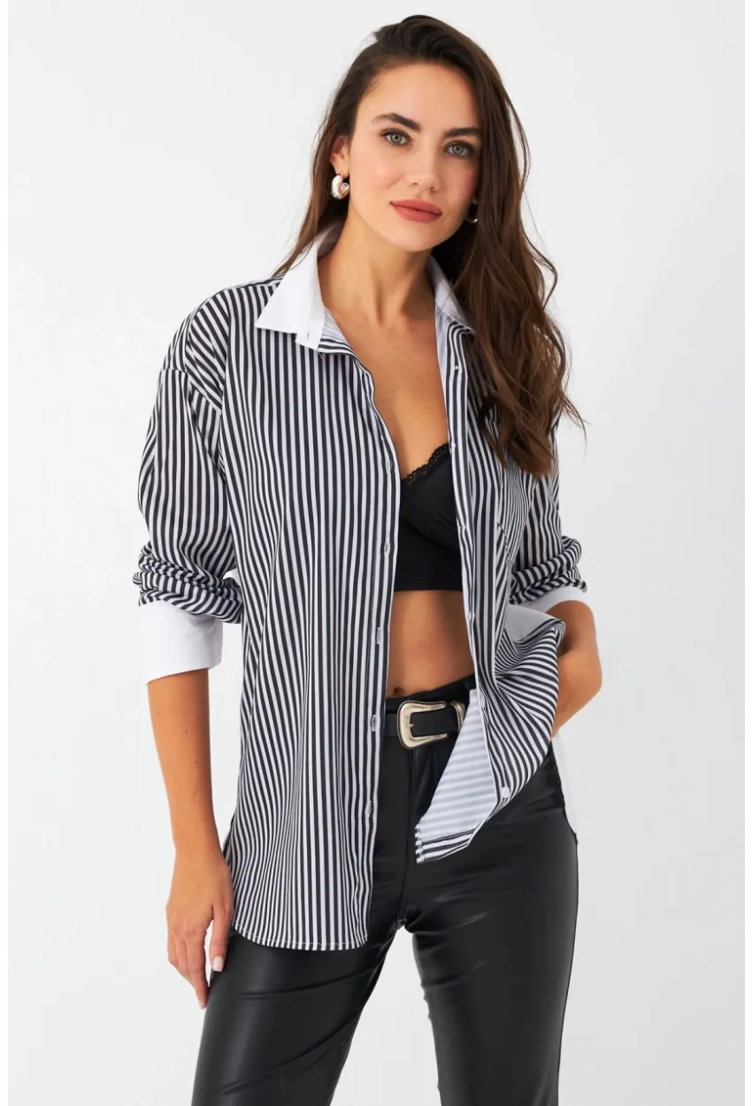 Kadın Ekru-Siyah Çizgili Kontrast Gömlek ELT156