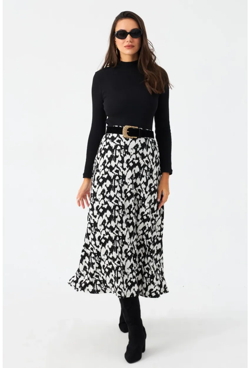 Kadın Ekru-Siyah Desenli Çan Etek MLON1000