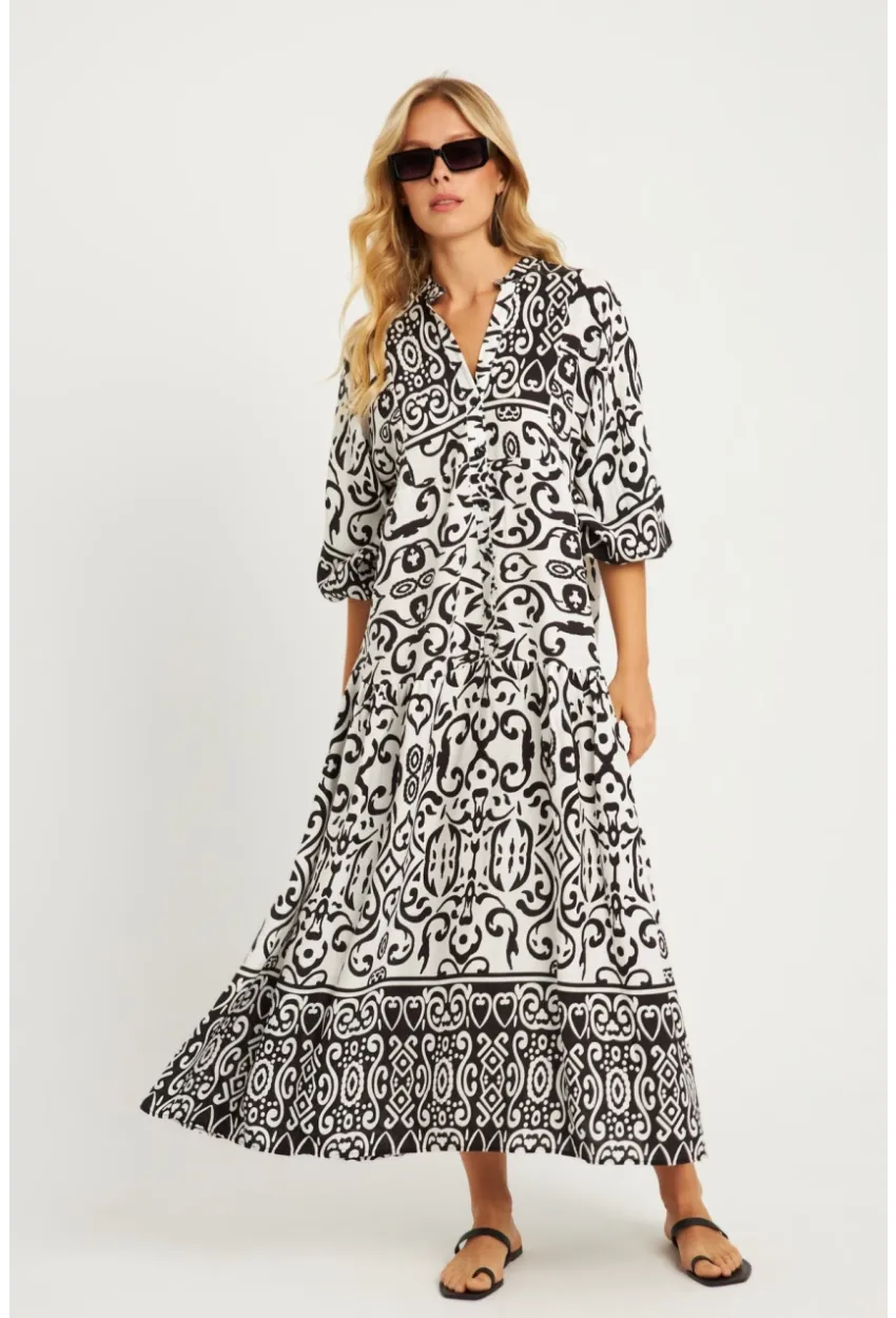 Kadın Ekru-Siyah Desenli Midi Elbise GÇ169