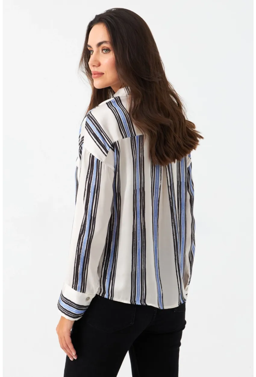 Kadın Ekru-Siyah Desenli Saten Gömlek MSHR500