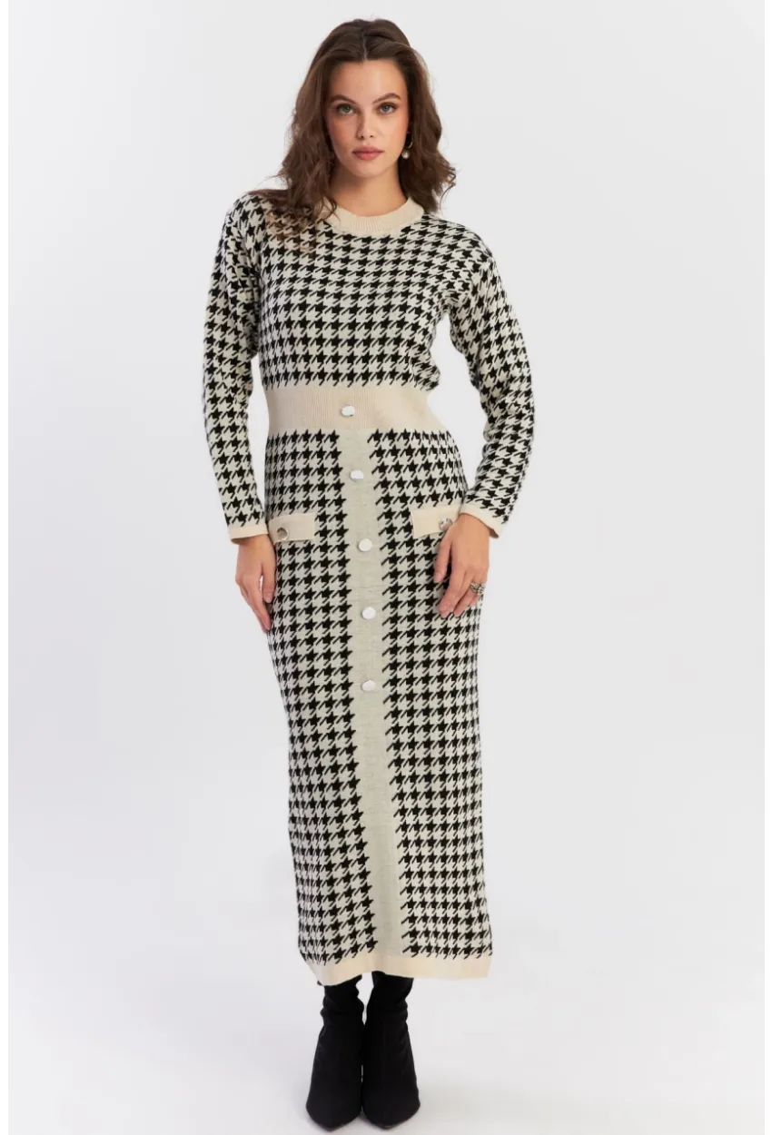 Kadın Ekru-Siyah Düğme Aksesuarlı Desenli Maxi Elbise NUV41