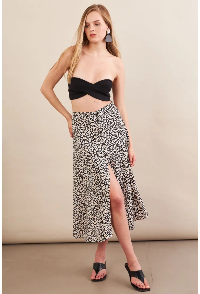 Kadın Ekru-Siyah Düğmeli Midi Etek SH60