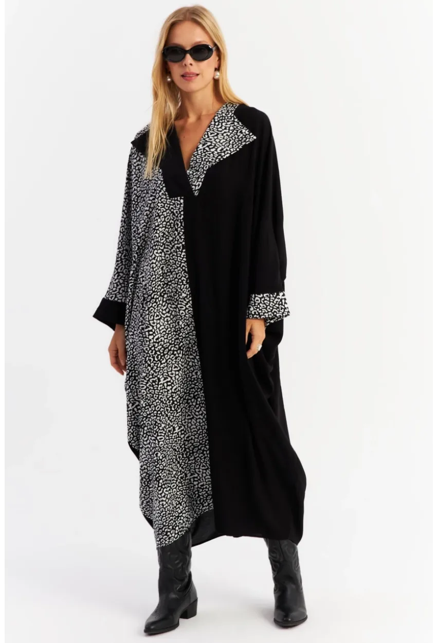Kadın Ekru-Siyah Leopar Bloklu Maxi Elbise MALO15