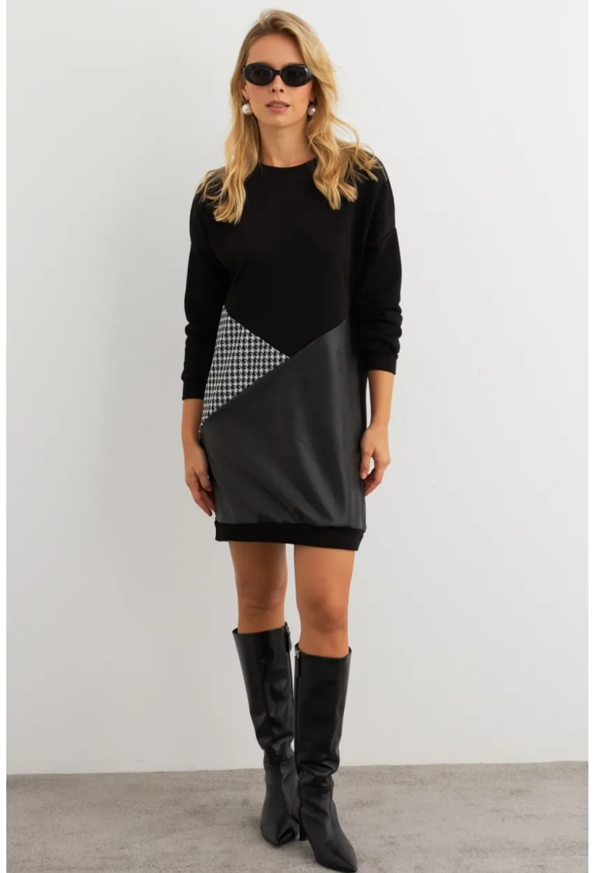 Kadın Ekru-Siyah Leopar Desenli Mini Sweat Elbise ST145