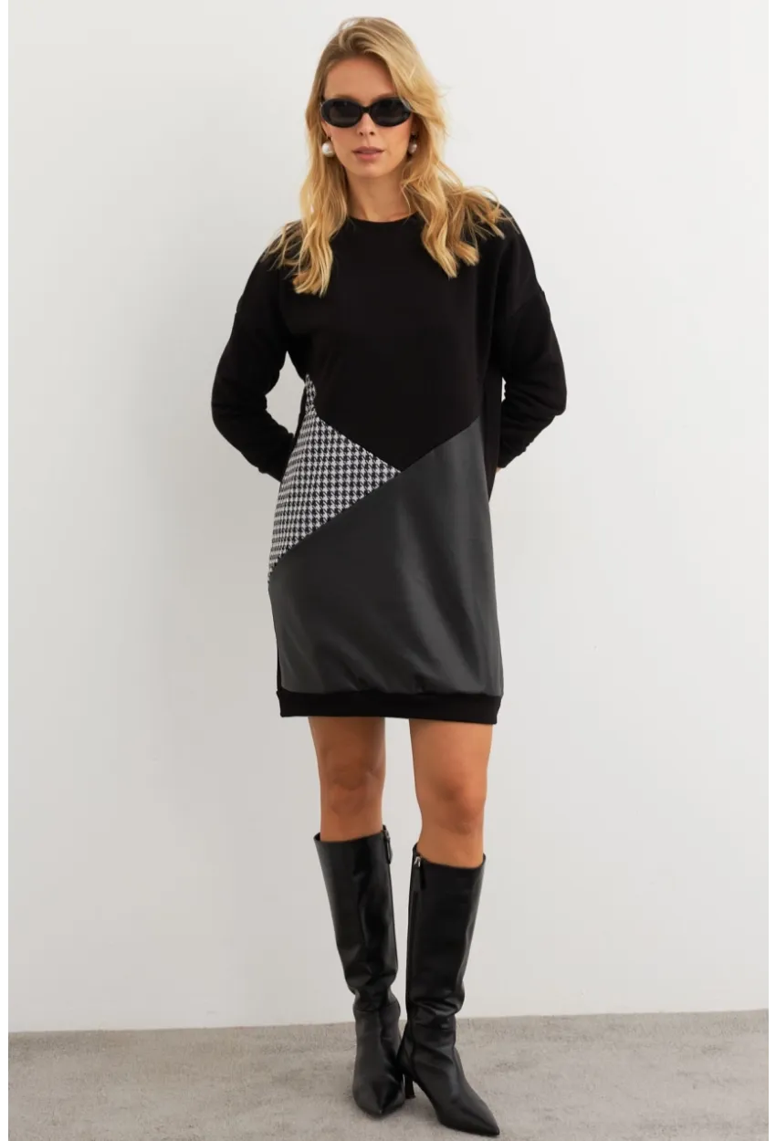 Kadın Ekru-Siyah Leopar Desenli Mini Sweat Elbise ST145