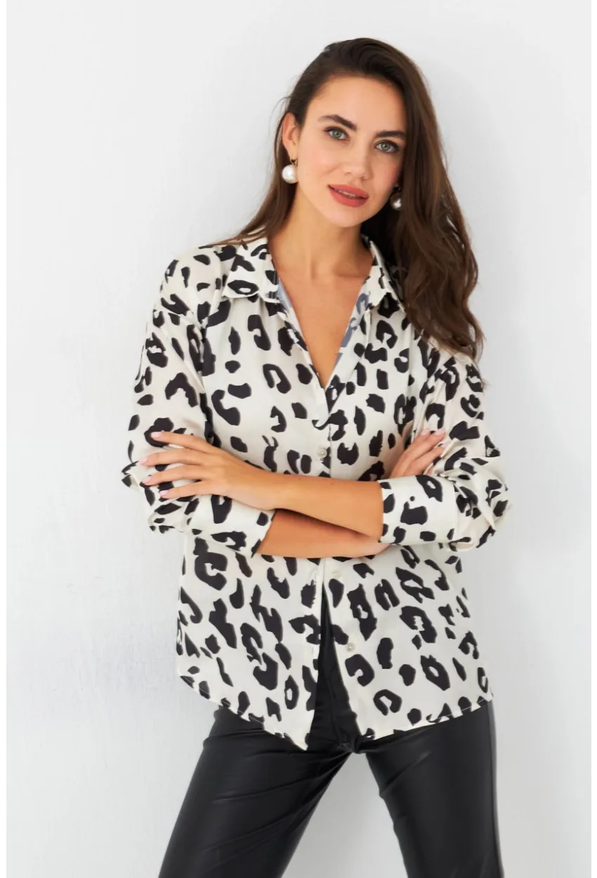 Kadın Ekru-Siyah Leopar Desenli Saten Gömlek SHR9