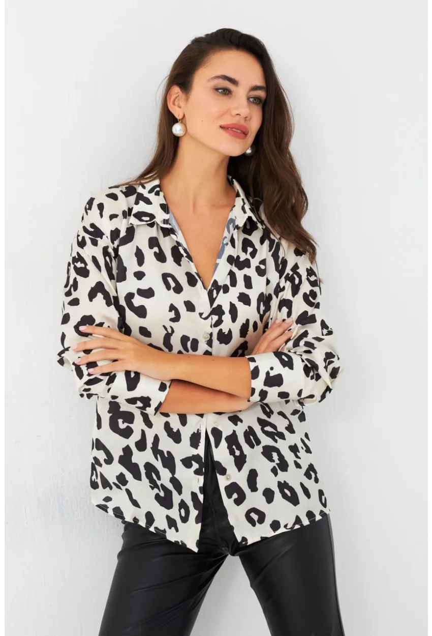 Kadın Ekru-Siyah Leopar Desenli Saten Gömlek SHR9