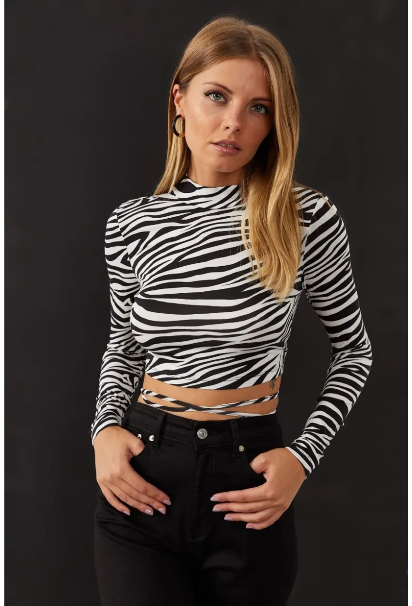 Kadın Ekru-Sıyah Sırt Dekolteli Zebra Desenli Crop Bluz LPP1131