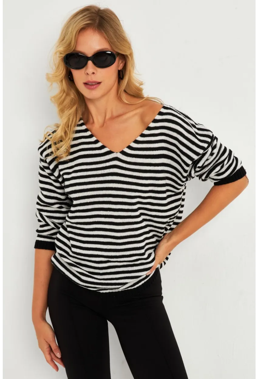 Kadın Ekru-Siyah V Yaka Triko Salaş Bluz YV283