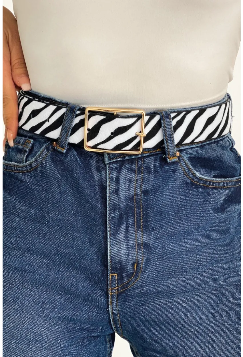 Kadın Ekru-Siyah Zebra Desen Kemer BE610