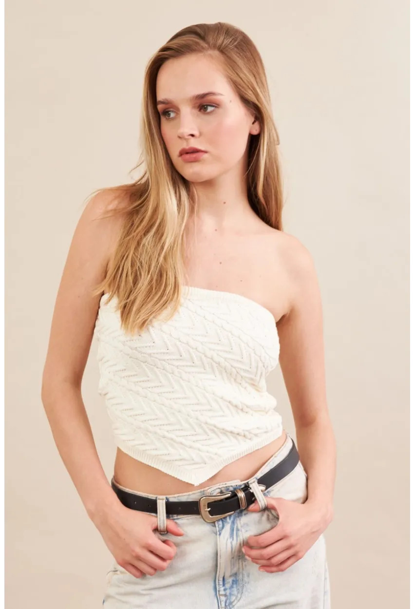 Kadın Ekru Straplez Triko Crop Bluz ZH049