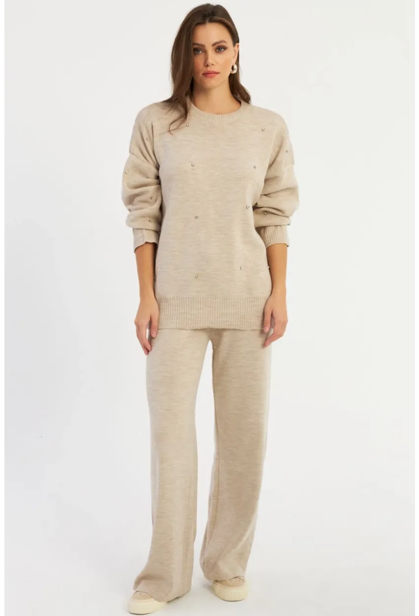 Kadın Ekru Taşlı Alt Üst Takım MYİL10