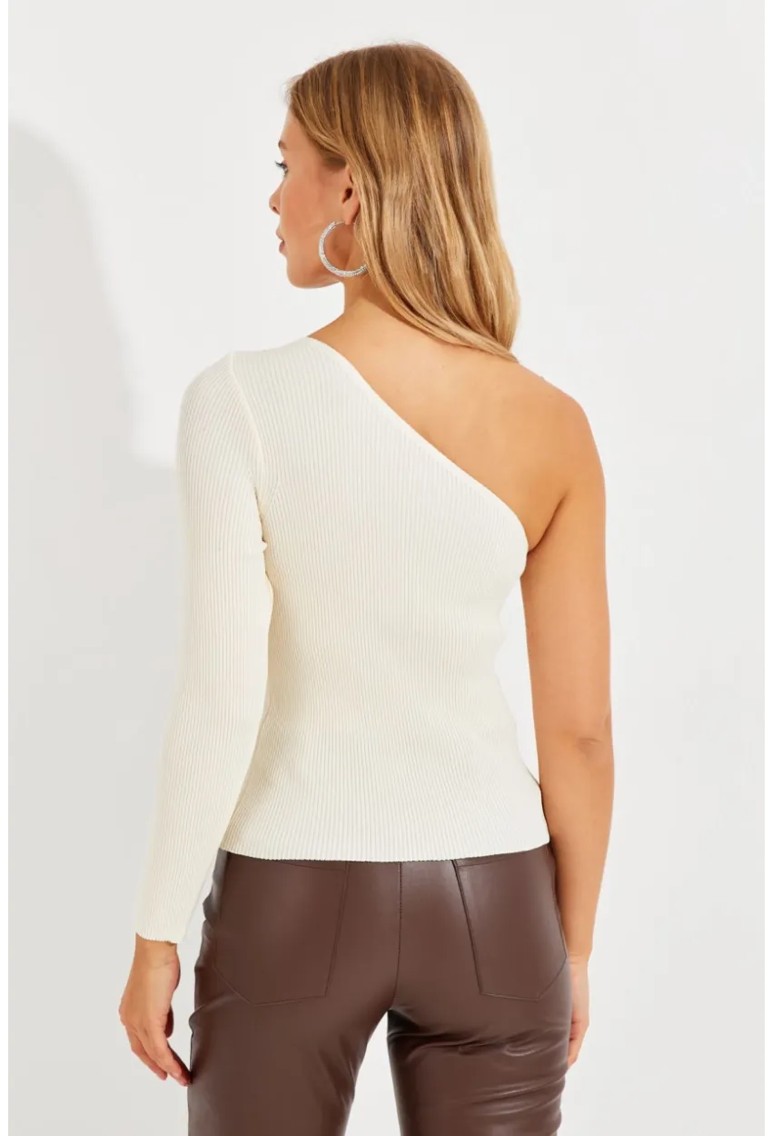 Kadın Ekru Tek Omuz Triko Bluz YV204