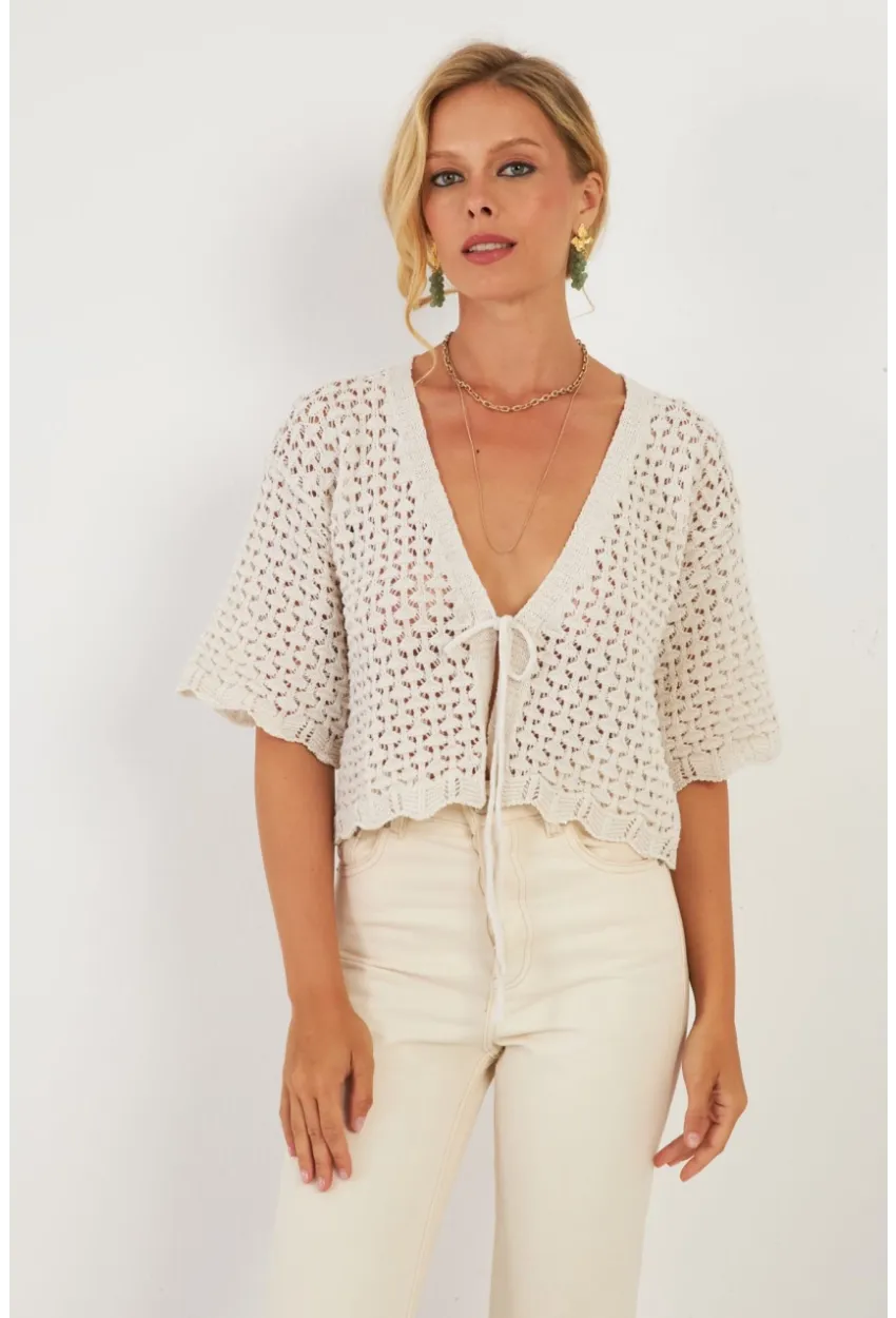 Kadın Ekru Triko Ajurlu Hırka YV255